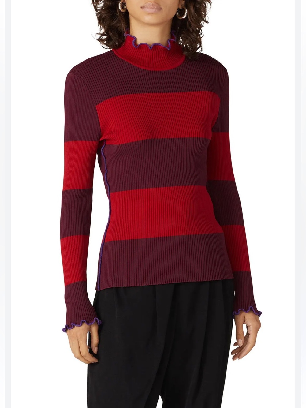 Koche Collective Ruffle Trim Striped Red & Burgundy Sweater Top Size XS